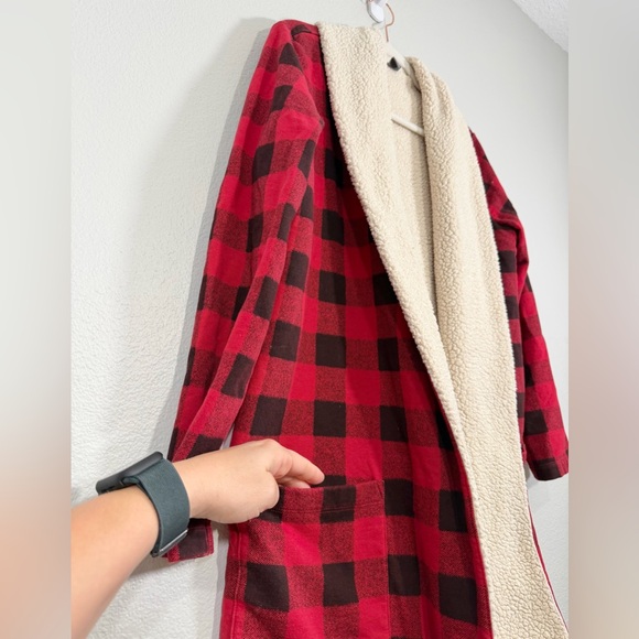 Eddie Bauer Robe Red Black Buffalo Plaid Sherpa-Lined Cardigan Sleep Women S - Picture 2 of 9